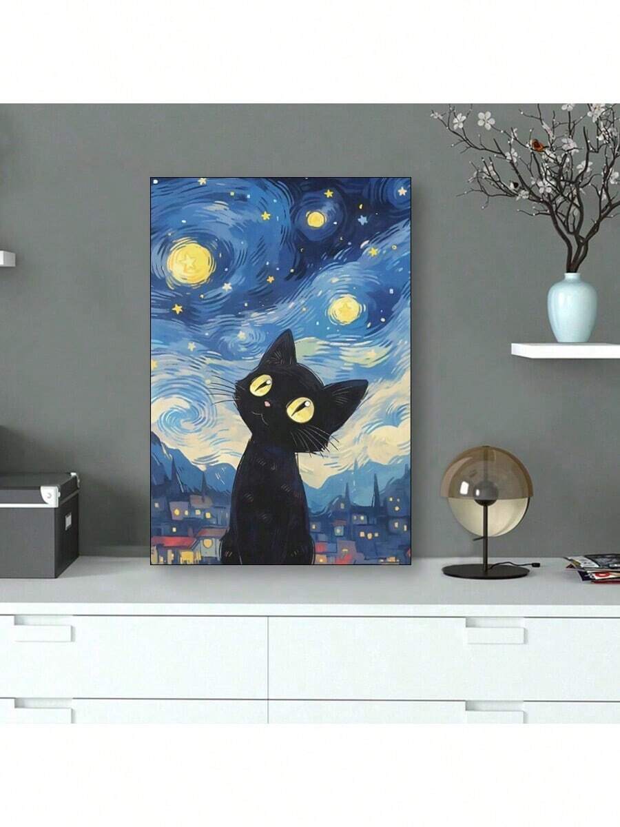 1 Unframed Creative Canvas Painting,Black Cat Poster Painting,Japanese Anime Canvas Art On Wall,Art Wall Painting For Gift,Bedroom,Office,Living Room,Wall Decor,Home Dorm Decor