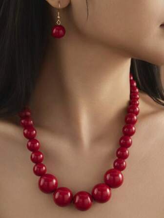 3 件套不对称串珠树脂首饰套装，复古项链、手链和耳环套装，适合女士