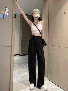 Women Straight Leg Loose Solid Color Front Double-Button Pants Black Spring - Black - View 5
