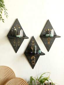 1 件木制浮动壁架 - 手工制作的几何黑色和金色装饰架，用于水晶、多肉植物、珠宝和小物品 - 适合客厅、卧室、办公室和巫术装饰的时尚家居装饰