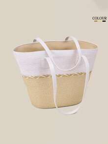 1 套女士拼色编织草帽和大帽檐蝴蝶结手提包，时尚优雅的遮阳帽和包包组合适合夏季外出、购物、海滩、旅行 - A - 查看 5