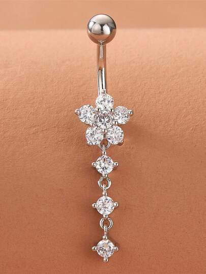 1pc Stainless Steel Plum Blossom Zirconia Navel Piercing Jewelry For Women, Everyday Belly Button Ring