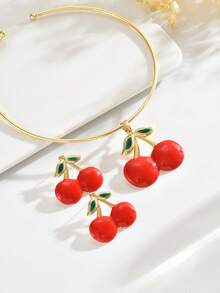 1 Set 3pcs Exaggerated Red Cherry Openable Necklace And Earrings Set, Unique Minimalist Fashion Fruit Cherry Pendant Necklace Earrings Set, Suitable For Women Daily, Vacation, Party Wear - Gold - View 3