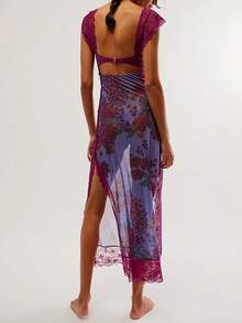 Women Y2K Lace Patchwork Floral Maxi Dress Sexy Cutout V-Neck Bodycon Party Dress Slit Backless Going Out Dress - 紫色 - 查看 3