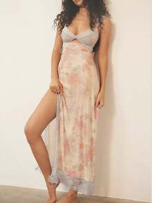 Women Y2K Lace Patchwork Floral Maxi Dress Sexy Cutout V-Neck Bodycon Party Dress Slit Backless Going Out Dress - 淺粉色 - 查看 1