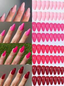 96pcs (4 Mixed Colors) Pink, Red, Light Pink Almond-Shaped Glossy Acrylic Press-On Nails, Perfect Fit For Long Nails, Set Includes: 1 Bottle Of Jelly Gel And 1 Nail File, Suitable For Women And Girls For Daily Wear Or Party Nails Nail Supplies - Multicolor - View 9