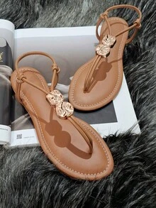 Women's Caramel Flat Sandal With Adjustable Embellishment - 駝色 - 查看 5