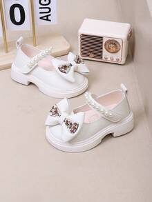 1 Pair Fashion Cute Ribbon & Pearl Hook And Loop Non-Slip Wear-Resistant Shoes For Girls, Suitable For Outdoor, Everyday, Party, School Use In Spring & Autumn - Beige - View 3