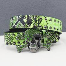 BIG Skull Rhinestone Belt Western Cowboy Style Men Belt Punk Rivet Jeans Belts NEW Metal Rivet Cowboy Belt Snake Pattern Summer, School Autumn-Winter Accessories,Suitable For Teens, Youth,Men,Casual, Outdoor, Athletic, Vacation, Graduation Gifts, Birthday, Daily Wear