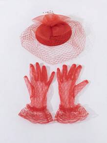 1pc Women's Vintage Red Rose Mesh Fascinator Hat, Fashionable Mesh Gloves, For Evening Party Modeling Show Performance And Decoration Valentine's Day Valentines