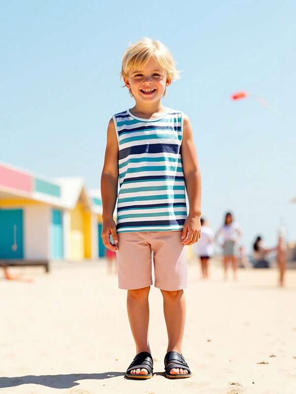 2pcs/Set Boys Summer New Outfit: Round Neck Blue & White Stripe Tank Top + Beige Shorts, Kids Daily Soft Comfy Casual Versatile Outdoor Sport Clothing