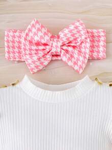 女婴可爱舒适短袖拼接连体衣+腿套+发带套装，轻薄夏季款 - 粉色 - 查看 3