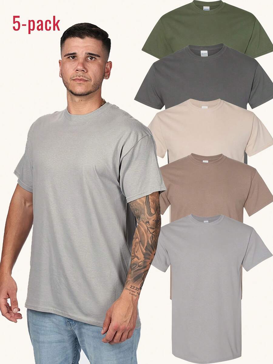 5-Piece Set, 100% Cotton T-Shirt, Men's Classic Solid Color Short Sleeved T-Shirt - Dòng màu sáng - Xem 1