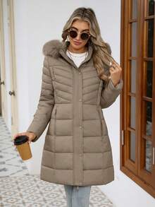 Giolshon 女士时尚便携羽绒服，带人造毛领和帽子，秋冬季必备保暖外套 - 棕色 - 查看 3