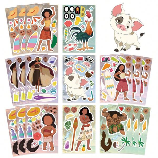 Disney 8pcs Disney Moana Face Collage Stickers Decorative DIY Phone Case Laptop Skateboard Computer Funny Gift Waterproof Sticker