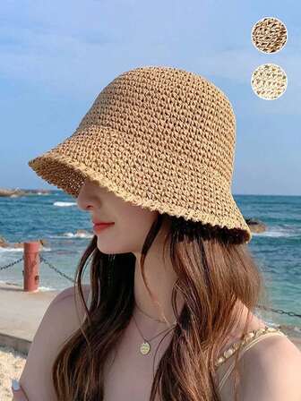 1 件女士经典透气编织草帽，春夏海滩旅行可折叠太阳帽，防紫外线宽边百搭针织渔夫帽，适合户外活动、海滩、旅行、日常穿着