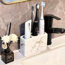 1 Piece Ceramic Gold Marble Toothbrush Holder 3-Hole Freestanding Storage Rack For Bathroom Countertops, Multi-Function Toothbrush And Toothpaste Storage Rack, Durable And Elegant Home Decor Accessory, Stylish Bathroom Supplies - Multicolor - View 9