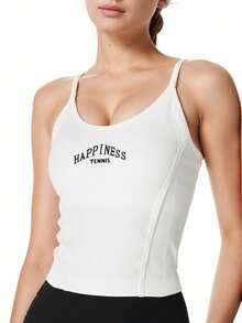 Slim Fit Sports Tank Top With Padded Bust, Women's Summer Ribbed Knit - White - View 9