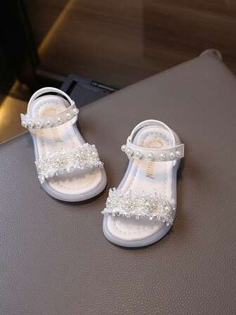 1 Pair Girls Sandals Suitable For Summer, Hook And Loop Design, Open Toe, Sweet, Pearl Decor Baby Girl Sandals