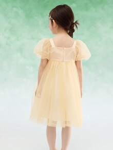 女孩泡芙袖網眼連衣裙，Traditional-Inspired夏季服裝 - 黃色調 - 查看 3