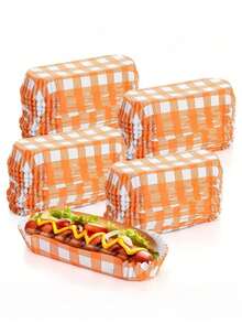 30pcs/Set Paper Food Tray - Paper Hot Dog Tray, Multifunctional Snack Stall Service Boat, Rectangular Ripple Design, Suitable For Snacks, Party Supplies, Takeout (Grid Pattern) - Multicolor - View 9