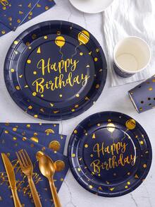 96pcs/Set Navy Blue Birthday Party Supplies, Foiled Navy Blue & Gold Birthday Party Disposable Plates, 7/9-Inch, Matching Foiled Paper Plates, Cups, Napkins For Party Decor - Multicolor - View 4