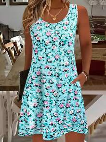 Plus Size Pocket Printed Casual Dress, Suitable For Daily Wear, Vacation, Spring/Summer, Sleeveless Summer Dress - Multicolor - View 2