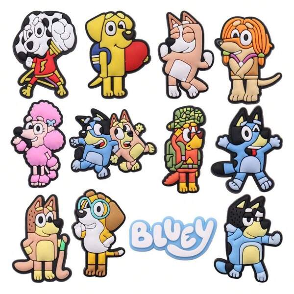 Bluey 12pcs Suit Cartoon Cute Blue Hole Shoes Decorative Buckle DIY Garden Shoe Buckle Accessories,Perfect Party Decorations And Accessories, Very Suitable For DIY Projects, Creative And Personalized(Random Style)