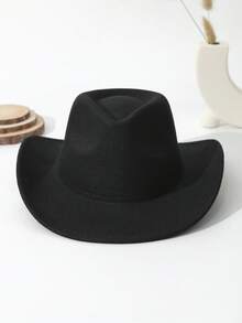 1pc Unisex Solid Boho Cowgirl Hat Cowboy Hat Wide Brim Handmade Plain Fedora Hat Jazz Panama Hat Soft Felt Hat Western Suitable For Daily Use - màu đen - Xem 2