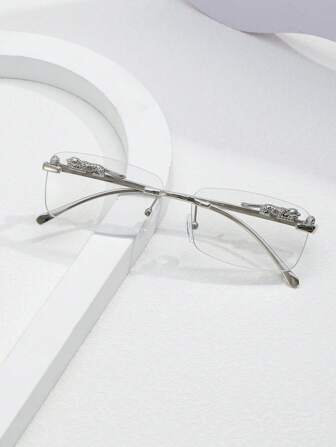 1 Pair Men's Frameless Silver Metal Leopard Print Vintage Style Clear Lens Glasses, Fashion Business Casual Suitable For Daily Wear, New Arrival For Summer