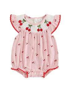 Baby Girls Rompers Cherry Embroidery Round Neck Fly Sleeve Infant Fashion Bodysuits Jumpsuits - Pink - View 1