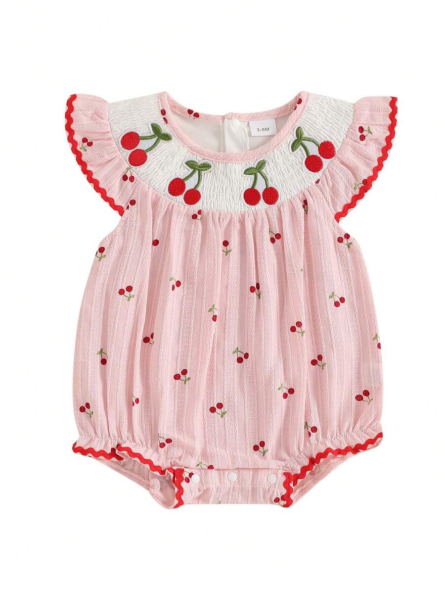 Baby Girls Rompers Cherry Embroidery Round Neck Fly Sleeve Infant Fashion Bodysuits Jumpsuits - Pink - View 1