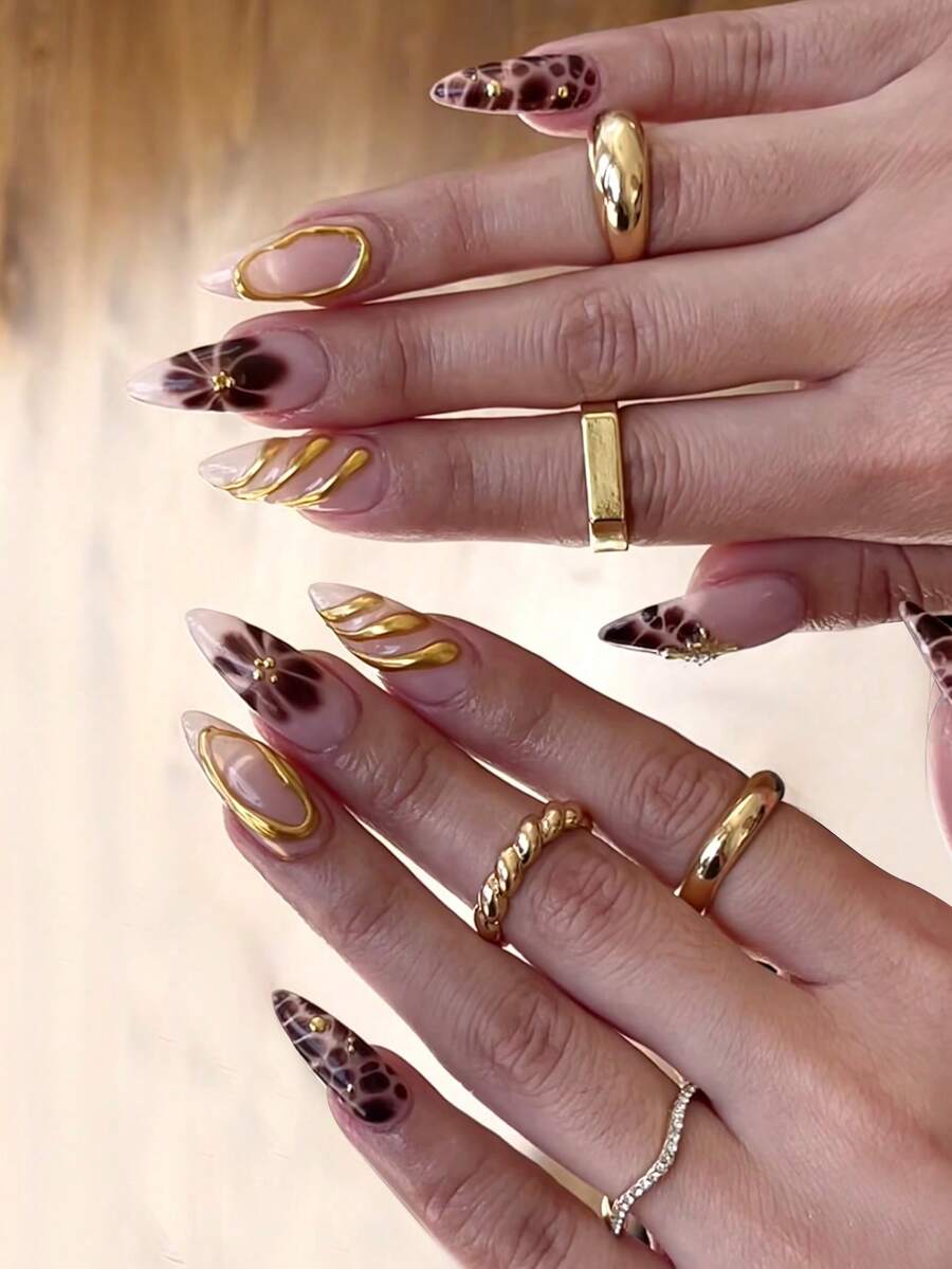 30 件装按压式指甲套装 3D 美甲镀铬金边框装饰可佩戴指甲珍珠花朵装饰甜美可爱可拆卸假指甲