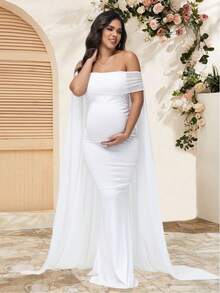 JustVH Maternity Elegant Mesh Off-Shoulder Dress For Baby Shower, Cloak Maxi Women Outfit