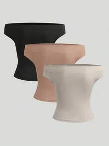 Conjunto de 3 piezas para mujer, top de un solo hombro con hombros descubiertos en color caqui marrón y negro liso, ropa informal corta y ajustada para el día a día. - Multicolor - Ver 2