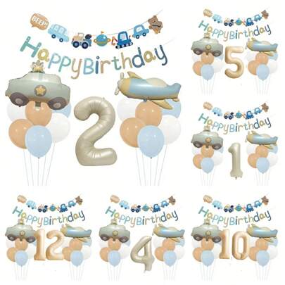 16pcs Matte Vintage Birthday Balloon Set, 32" White Number Balloons, Happy Birthday Garland Flags, Car, Bear, Airplane Foil Balloons For Birthday Party Decoration, Indoor, Outdoor, Gift,Christmas