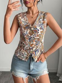 Damen Mode V-Ausschnitt ärmelloses Trägertop, eleganter Retro Paisley Muster Lässig Strickjacke Tanktop, geeignet für Frühling, Sommer, Herbst