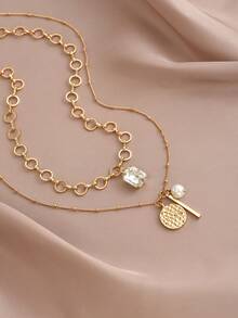 2pcs Textured Circular Pendant Necklace Set, Suitable For Multi-Layer Wearing - Multicolor - View 4