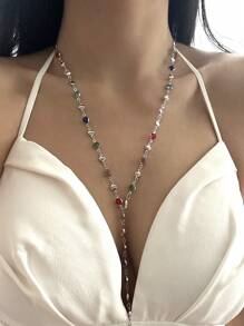 1pc Punk Style Silver Cross & Multi Gemstone Hollow Heart Pendant Y-Necklace, Versatile For Daily, Party, Streetwear