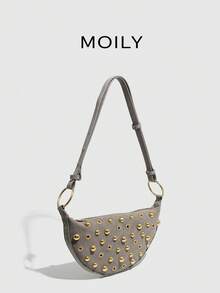 Punk Street Style Rivet Adjustable Strap Women Crossbody Saddle Bag - Light Grey - View 5