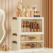 1pc Foldable Large Capacity Makeup Storage Cabinet, File Storage Box, Large Capacity Drawer Storage Box, Transparent Drawer Cabinet, Suitable For Storing Cosmetics, Skincare, Files And Books