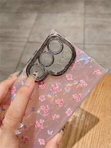 Spring INS Sweet Pink Floral Butterfly Aurora Gradient Shell Pattern Phone Case Compatible With Samsung Galaxy S25 S24 Ultra Plus S23Ultra S25Ultra Luxury Shiny Glitter Camera Lens Bracket Protect Hard Back Cover - Hồng - Xem 8