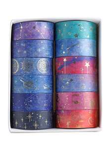Galaxy Purple Bronzing Washi Tape, 12 Rolls DIY Hand Account Creative Decorative Stickers Handmade Accessories Gold Foil Paper Tapes With Constellations, Blue Sky, Moon, Stars, Celestial Bodies Back To School - Multicolor - View 11