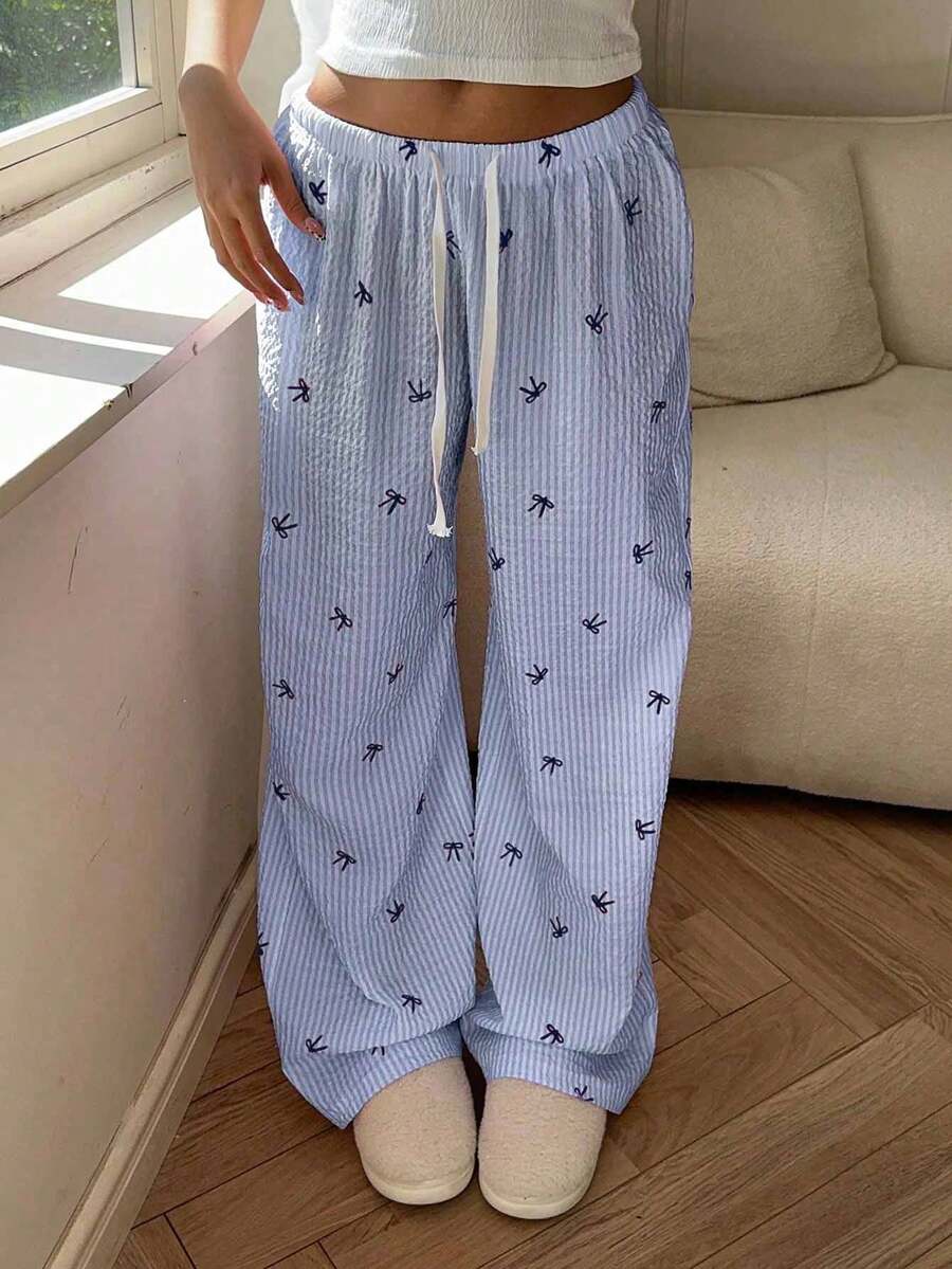 Casual Vacation Cute Sweet Ruffle Bow Striped Loose Low-Waist Straight Elastic Waist Drawstring Pants - Blue - View 1