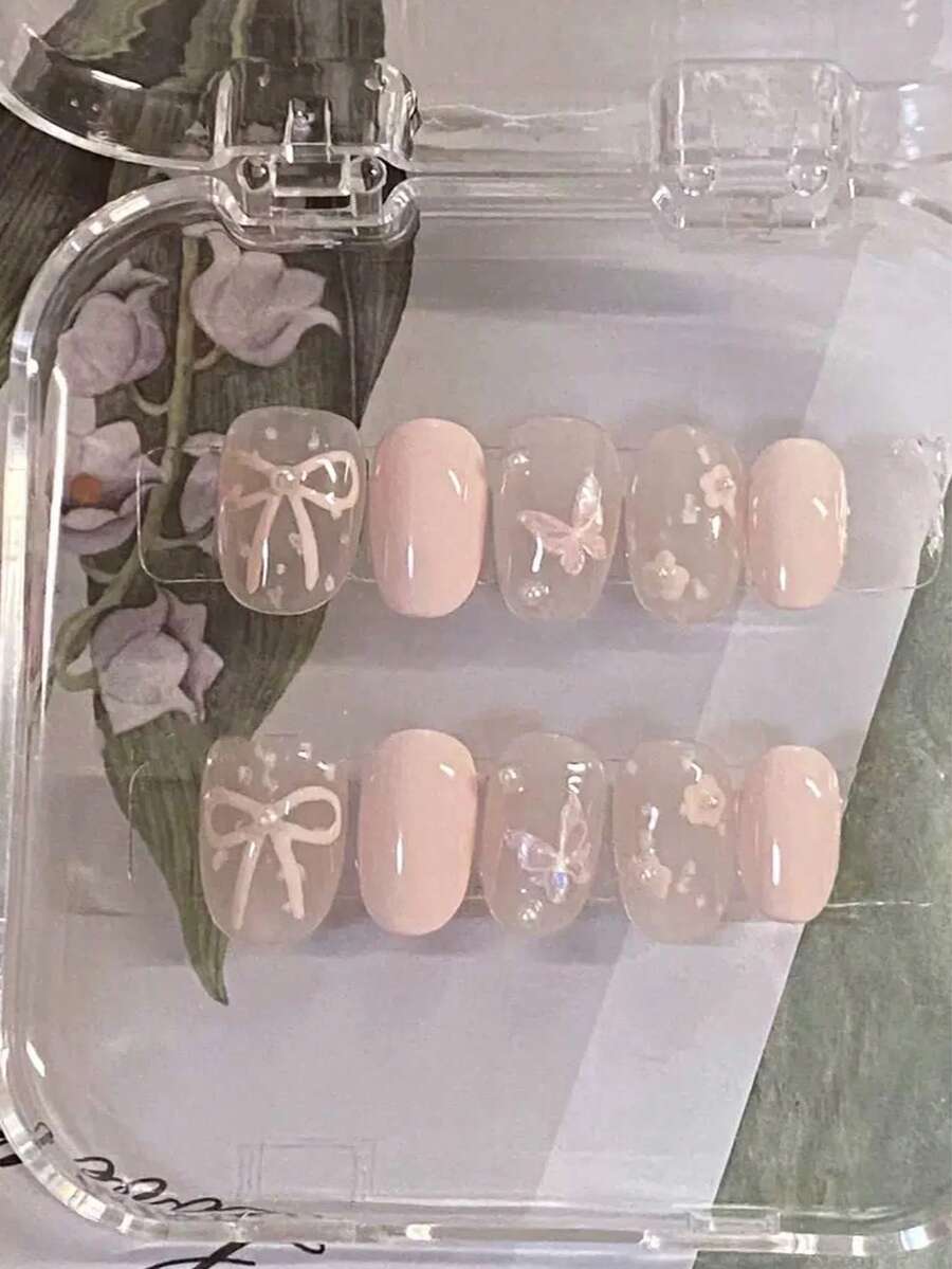 10pcs Summer Sweet Cherry Blossom Pink Ballet Hand-Painted Bowknot Cute Gentle Butterfly Nail Art Decorations - 粉色 - 查看 1