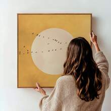 1 件黄色太阳帆布墙画、浮动画框艺术、方形日落印刷品、充满活力的阳光艺术、大型客厅装饰、鸟类壁挂礼物 - 彩色 - 查看 2