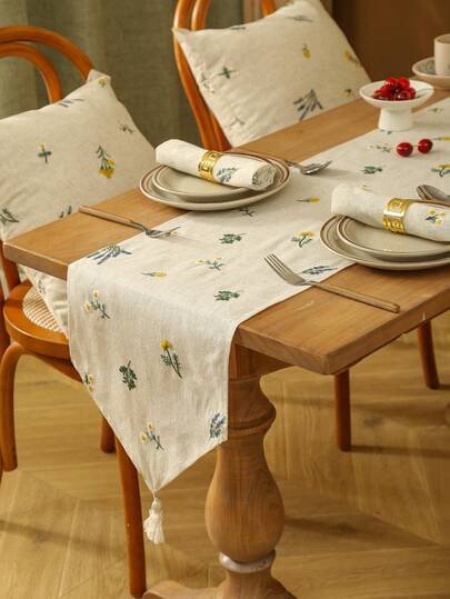1 件奢华亚麻麦穗刺绣流苏桌旗，长方形农舍奶油色桌布，适合家居装饰