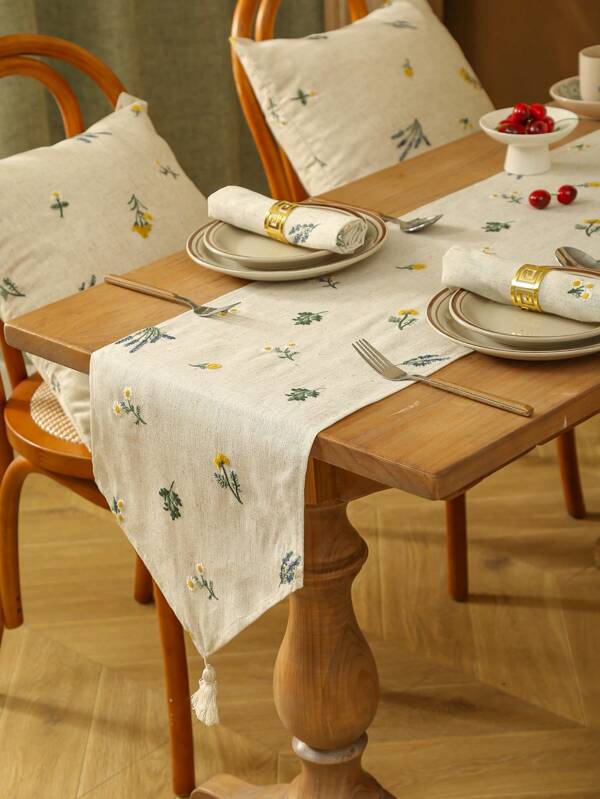 1 pieza Elegante tapete de mesa con bordado de espigas de trigo y flecos, mantel oblong de estilo granja de color crema para decoración del hogar