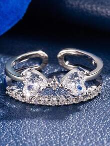 1pc Korean Style Bowknot & Heart Rhinestone Layered Ring, Minimalist Versatile Fashion Finger Ring For Women - Double Ring - View 7