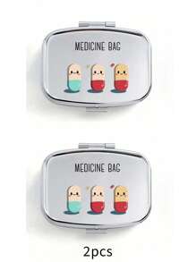 Cute Pill Letter Series Pattern Two Compartment Portable Pill Storage Room, Cute Mini Metal Storage Box, Portable Jewelry And Pill Box, Personalized Creative Gift With Cartoon Logo